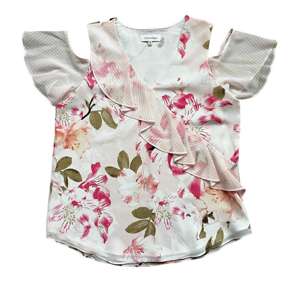Calvin Klein Floral Ruffle Top - Pink and Green